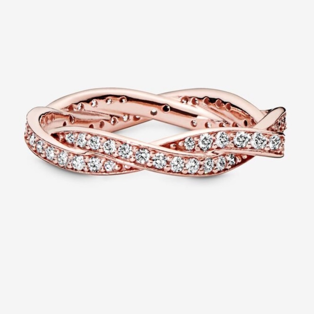 LIKE NEW Pandora Sparkling Twisted Lines Ring For Sale (Rose Gold)